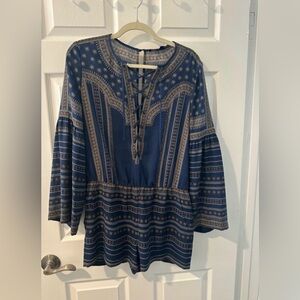 BCBGMAXAZRIA Blue Boho Lace-Up Romper | Size S